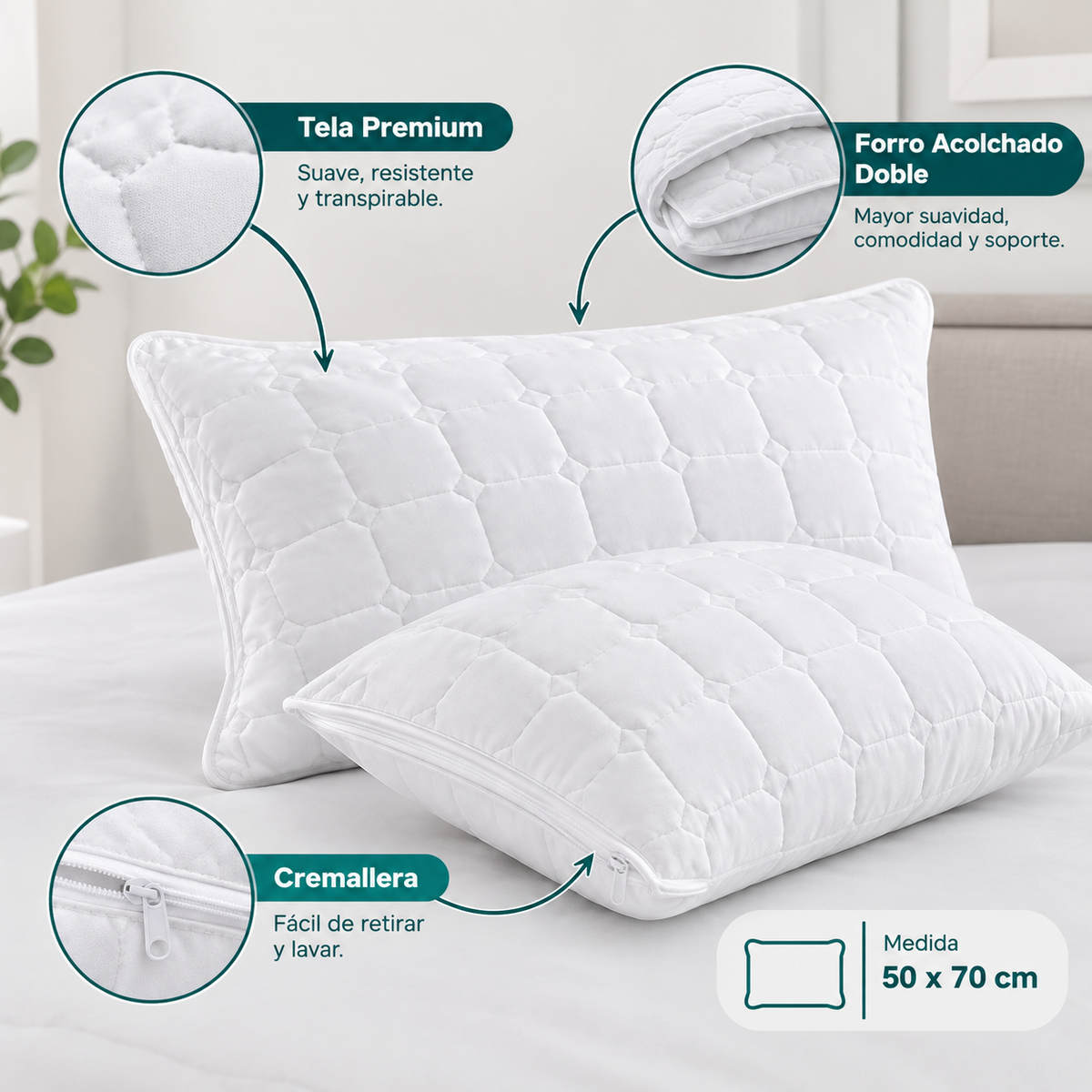 x2 Almohada premium Liventa Ribete + Doble forro acolchado
